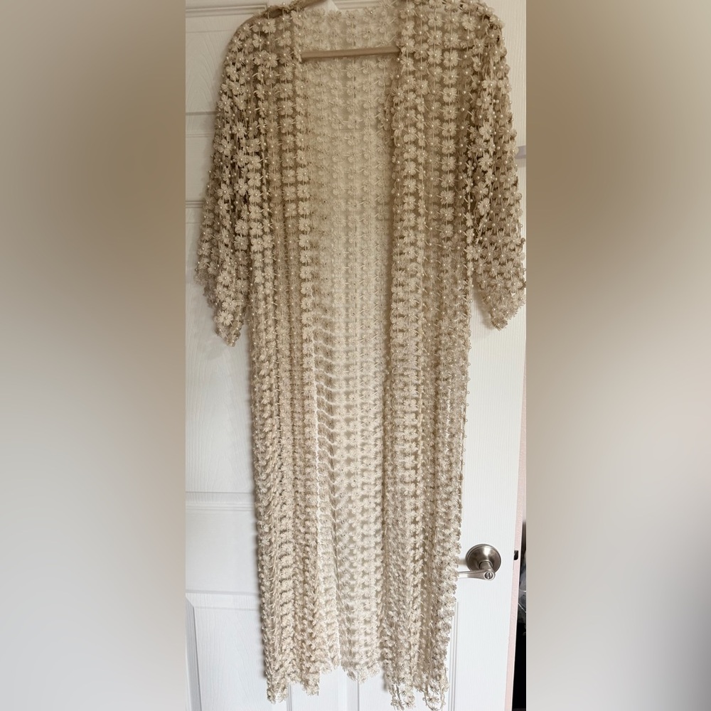 Pearl embellished gold duster